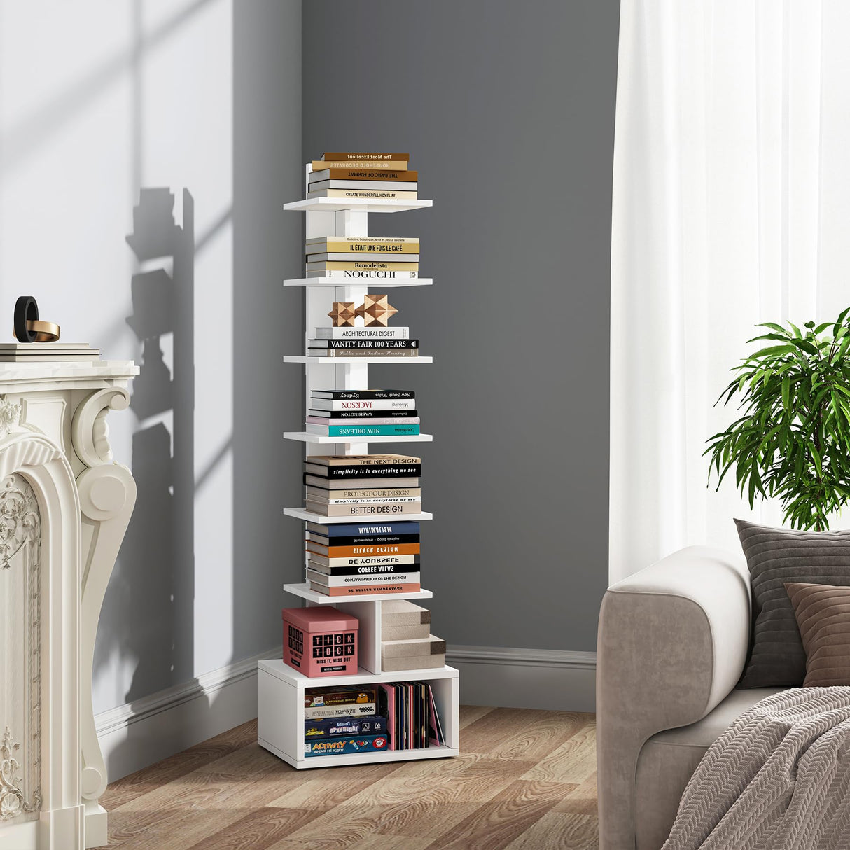 TUTOTAK Narrow Bookshelf, Vertical 8-Tier Bookcase, Spine Book Shelf for Small Space, Small Standing Shelf for Living Room, Office, Study, Entryway, White BS07BW008 TUTOTAK