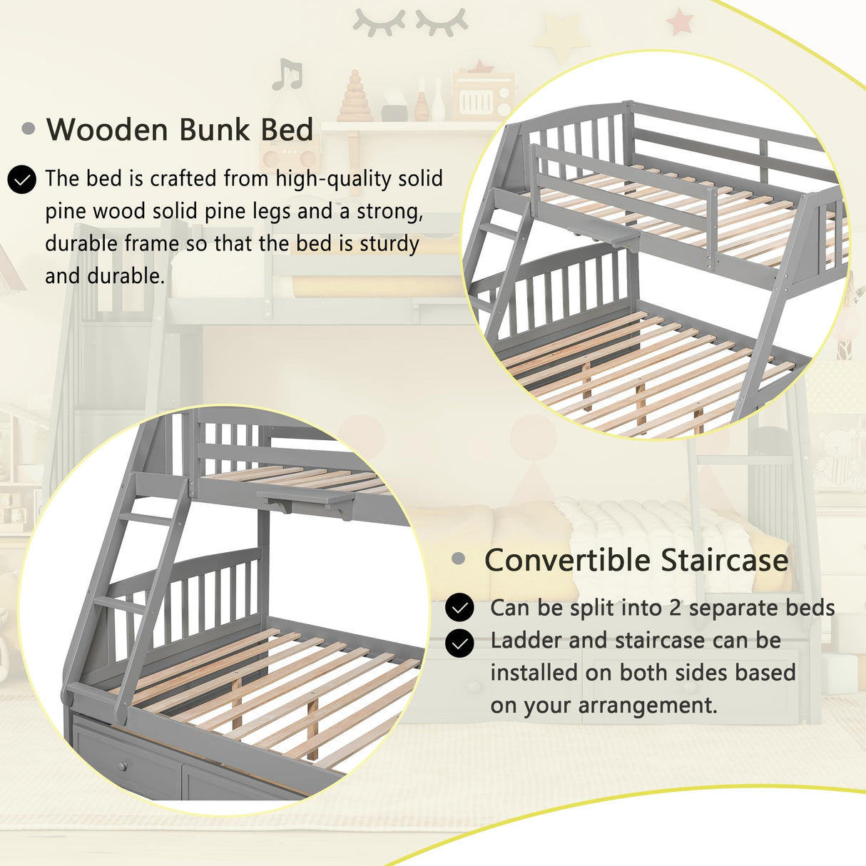 Merax Wooden Twin Over Full Stairway Bunk Bed with Three Storage Drawer, Storage Staircase, Removable Ladder and Safety Guardrail, Convertible to 2 Separated beds, Grey Merax