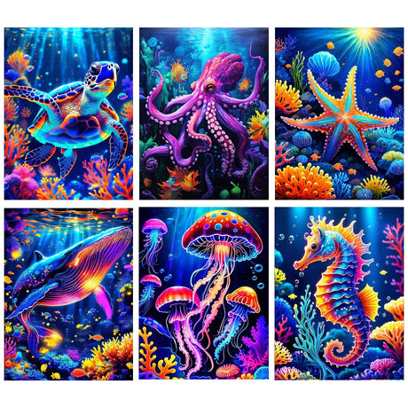 6 Pack Diamond Painting Kits for Adults, 5D DIY Diamond Art Kits for Beginners, Colorful Marine Animals Diamond Dots Kits Gem Arts Crafts for Living Room Bedroom Offices Home Wall Decor 12X16 Inch Apcufir