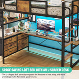 Loft Bed Twin Size with L-Shaped Desk and Storage, Metal Bunk Bed with Desk Underneath and LED Lights & Charging Station, Twin Loft Bed with Desk, 5 Drawer 2 Pegboards, Safety Guard Ladder, Brown BYSAUD