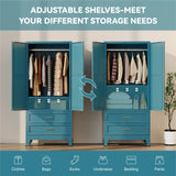 Baborokic Metal Wardrobe Cabinet with Hanging Rod, 71" Armoire Wardrobe Closet with 2 Drawers,Farmhouse Metal Clothing Storage Cabinets with Door and Adjustable Shelves for Bedroom,Laundry Room(Blue) Baborokic