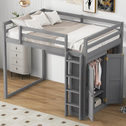 Contemporary Gray Full Size Loft Bed with Integrated Wardrobe and Storage, LED Light & Guardrails - WoodArtSupply