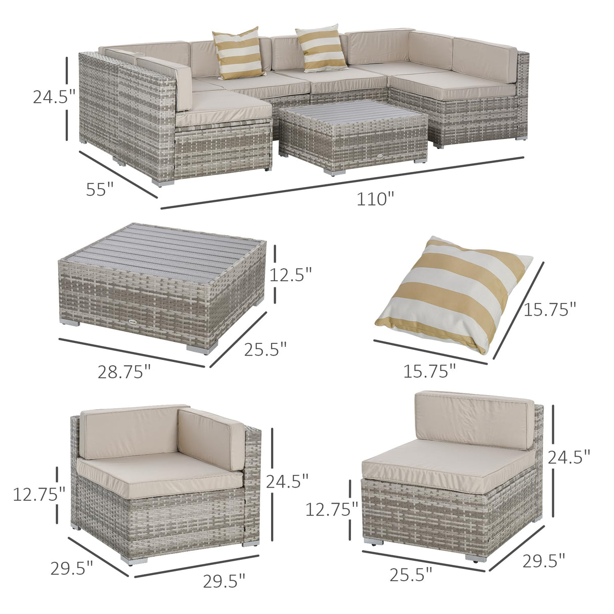 Outsunny 7-Piece Patio Furniture Set, Outdoor Wicker Conversation Set, All Weather PE Rattan Sectional Sofa Set with Cushions and Faux Wood Table, Stripe Pillows, Beige Outsunny