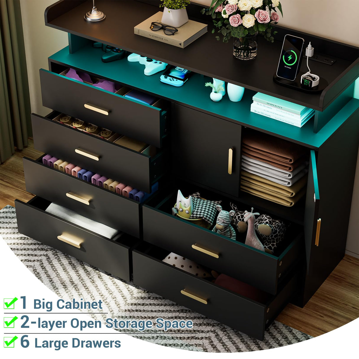 Yeyawomy Black 6 Drawer Dresser with Charging Station & Led Light for Bedroom, Accent Chests of Drawers with Large Cabinet, Modern Storage Dresser with 2 Layer Shelves for Bedroom,Hallway Yeyawomy