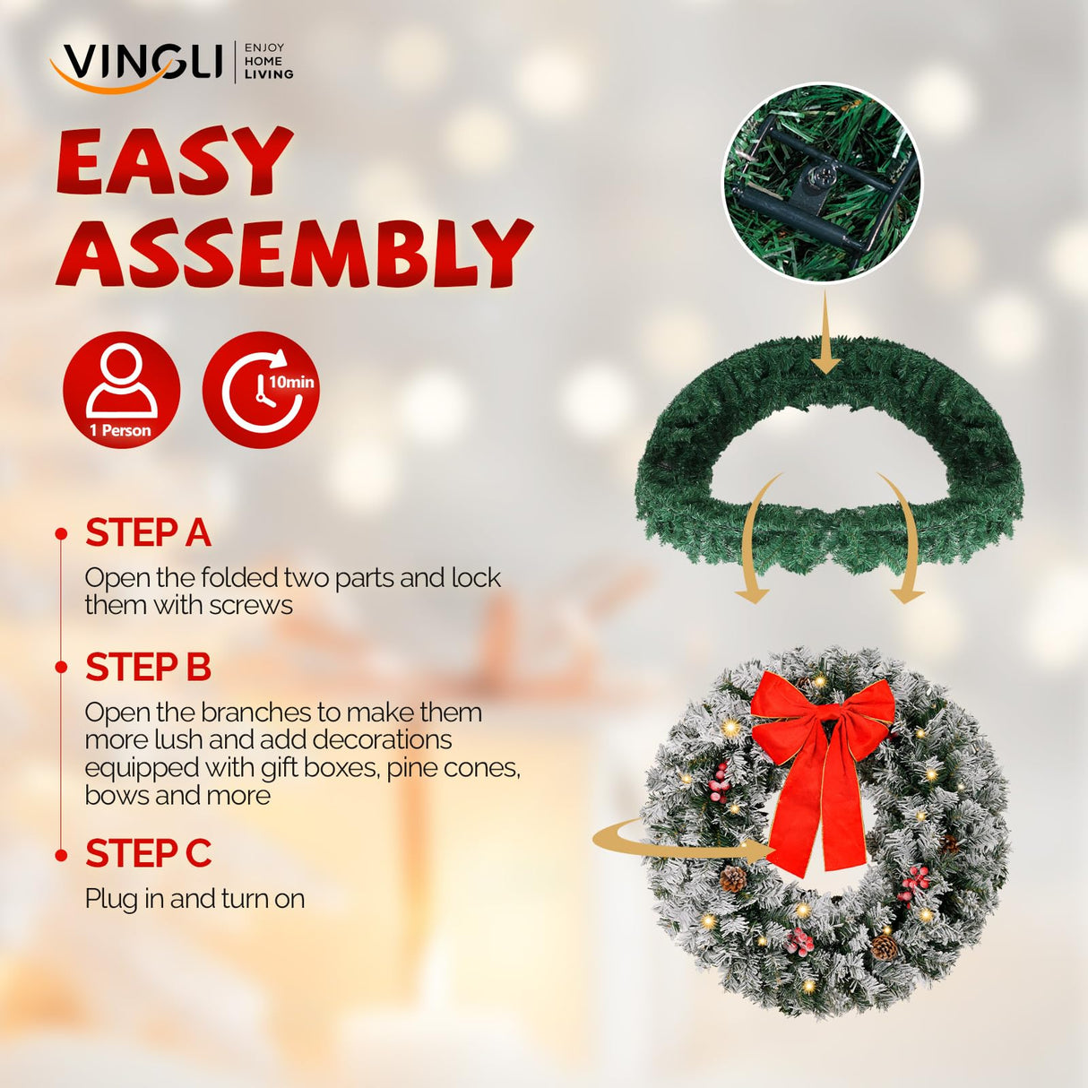 VINGLI 36 Inch Prelit Christmas Wreath, Artificial Christmas Wreath for Front Door, Window, Fireplaces, Indoor Decorate, with 100 LED Lights, 300 Forested Branches (Plug-in) VINGLI