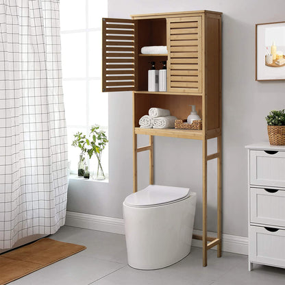 MUPATER Bathroom Over-The-Toilet Storage Cabinet with Doors and Shelves, Bamboo Over Toilet Organizer, Freestanding Tall Space Saver Toilet Rack, Natural Wood