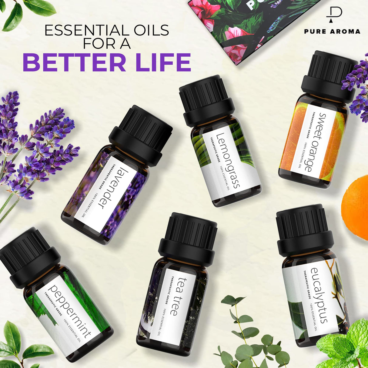 Essential Oils Set by Pure Aroma - Top 6 Aromatherapy Oils Gift Set-6 Pack, 10ml (Eucalyptus, Lavender, Lemongrass, Sweet Orange, Peppermint, Tea Tree) Pure Aroma