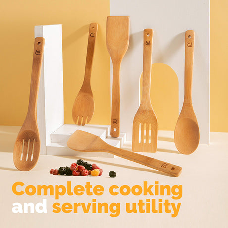 Riveira Bamboo Wooden Spoons for Cooking 6-Piece, Apartment Essentials Wood Spatula Spoon Nonstick Kitchen Utensil Set Premium Quality Housewarming Gifts for Everyday Use Riveira