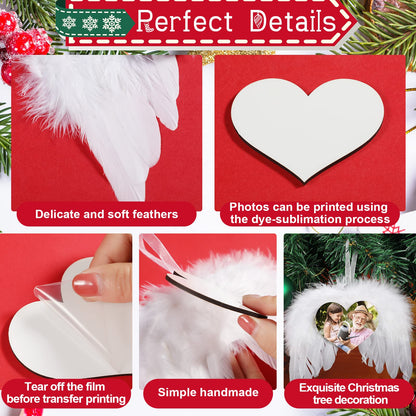 Christmas Sublimation Ornament Blank Decor White Angel Wings DIY Xmas Ornament Craft Hanging, Feather Hanging with Pendants for Christmas Tree Angel Wings Decor(24 Pcs,Heart Style)