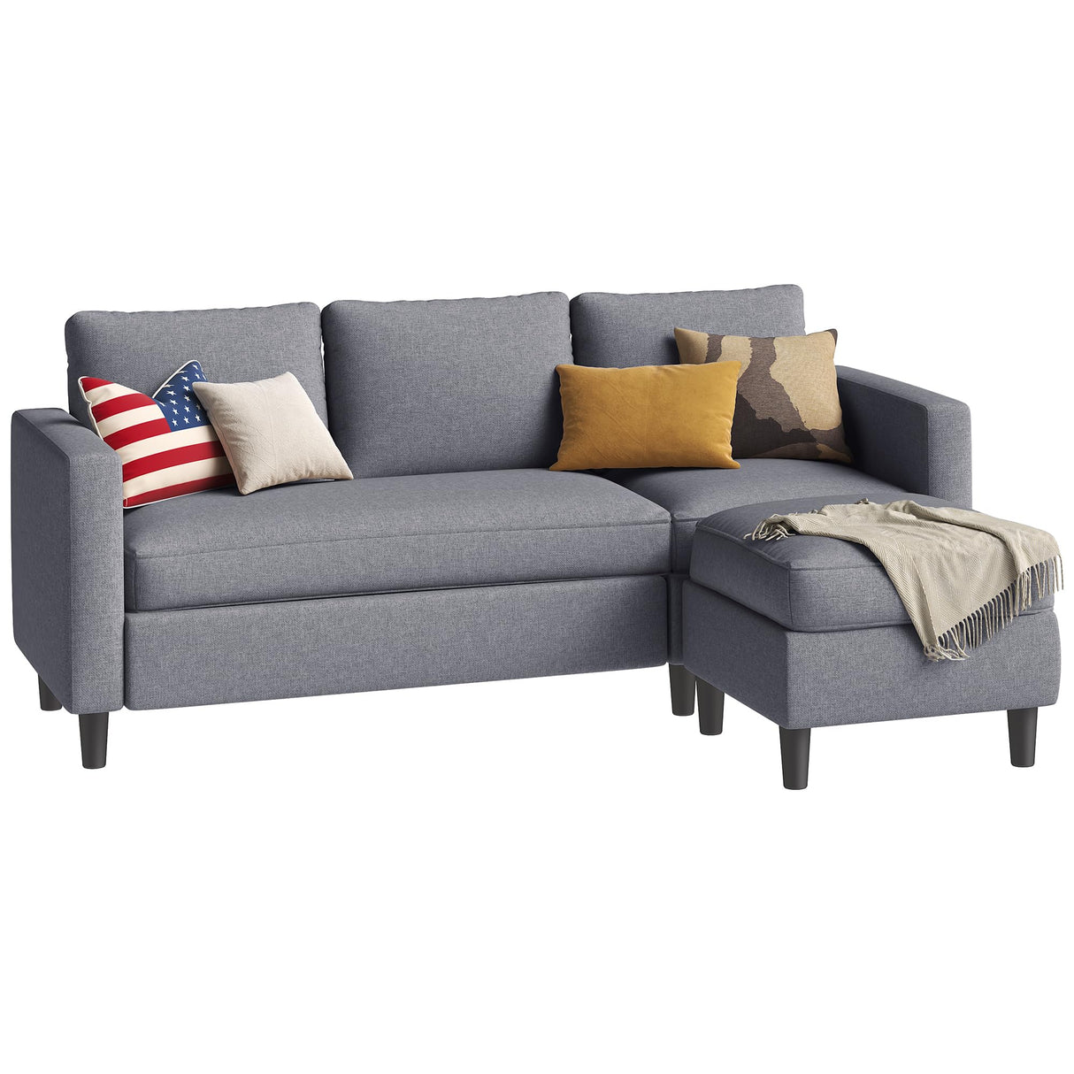 Shintenchi Small Sectional Sofa Couch, 3 Seat L Shaped Couches with Ottoman, Upholstered Fabric Convertible Sofa, Small Couch for Apartments, Living Room and Office (Dark Grey) Shintenchi