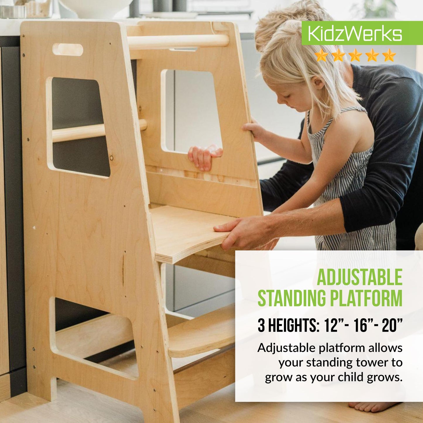 KidzWerks Child Standing Tower Kids Kitchen Step Stool Toddler Wood Stepping Stool - Children's Montessori Stool - Adjustable Platform, Natural Wood