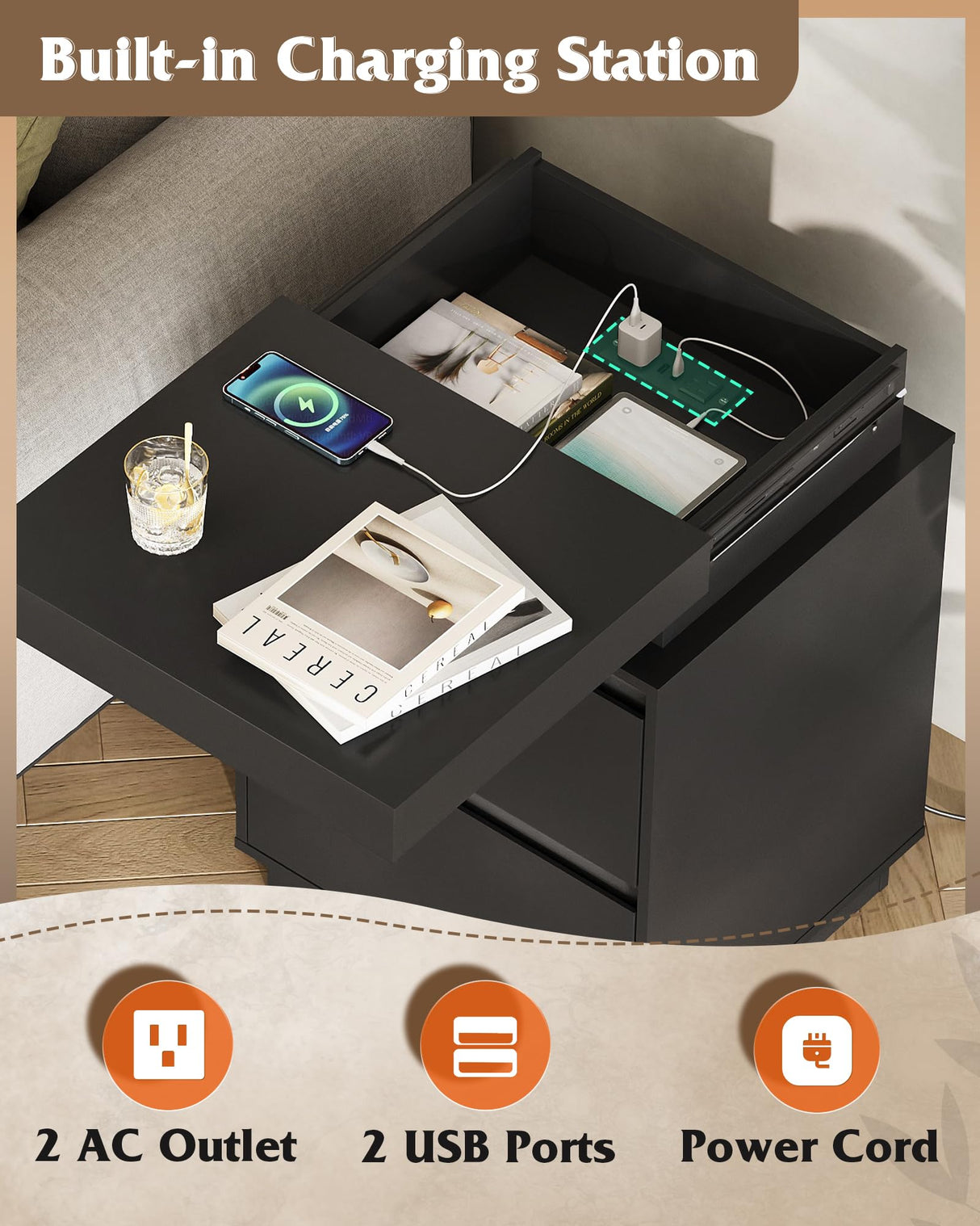 WLIVE Black Nightstand with Charging Station and LED Lights, Bedside Table with 2 Wooden Drawers and Sliding Top, Modern End Table Side Table for Bedroom, Living Room, Office WLIVE