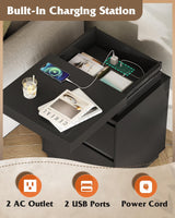 WLIVE Black Nightstand with Charging Station and LED Lights, Bedside Table with 2 Wooden Drawers and Sliding Top, Modern End Table Side Table for Bedroom, Living Room, Office WLIVE