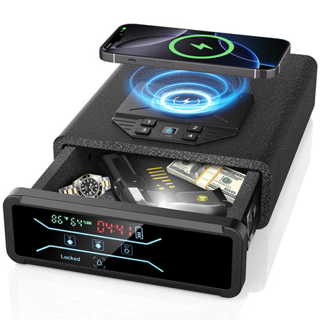 Gun Safe for Handgun Pistol Case - Biometric Quick Access Pistol Safe with Wireless Charging for Watch & Phone, 3-in-1 Fingerprint Keypad Key Lock Gun Box for Home Nightstand Bedside GODELAIF