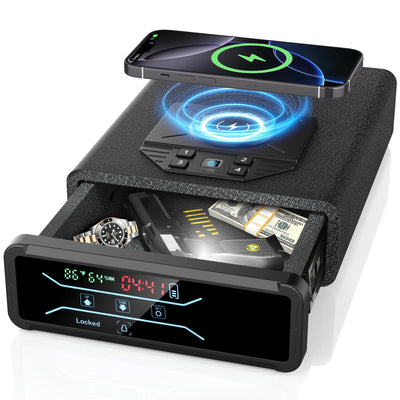 Gun Safe for Handgun Pistol Case - Biometric Quick Access Pistol Safe with Wireless Charging for Watch & Phone, 3-in-1 Fingerprint Keypad Key Lock Gun Box for Home Nightstand Bedside