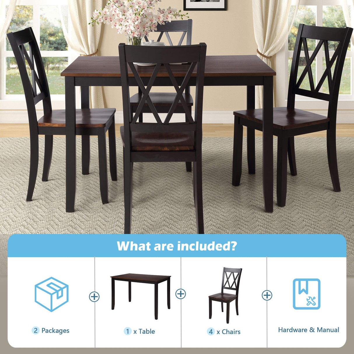 Harper & Bright Designs 5-Piece Wood Dining Table Set for 4, Kitchen Furniture Set with 4 High Back Dining Chairs for Small Places,Black+Cherry Harper & Bright Designs