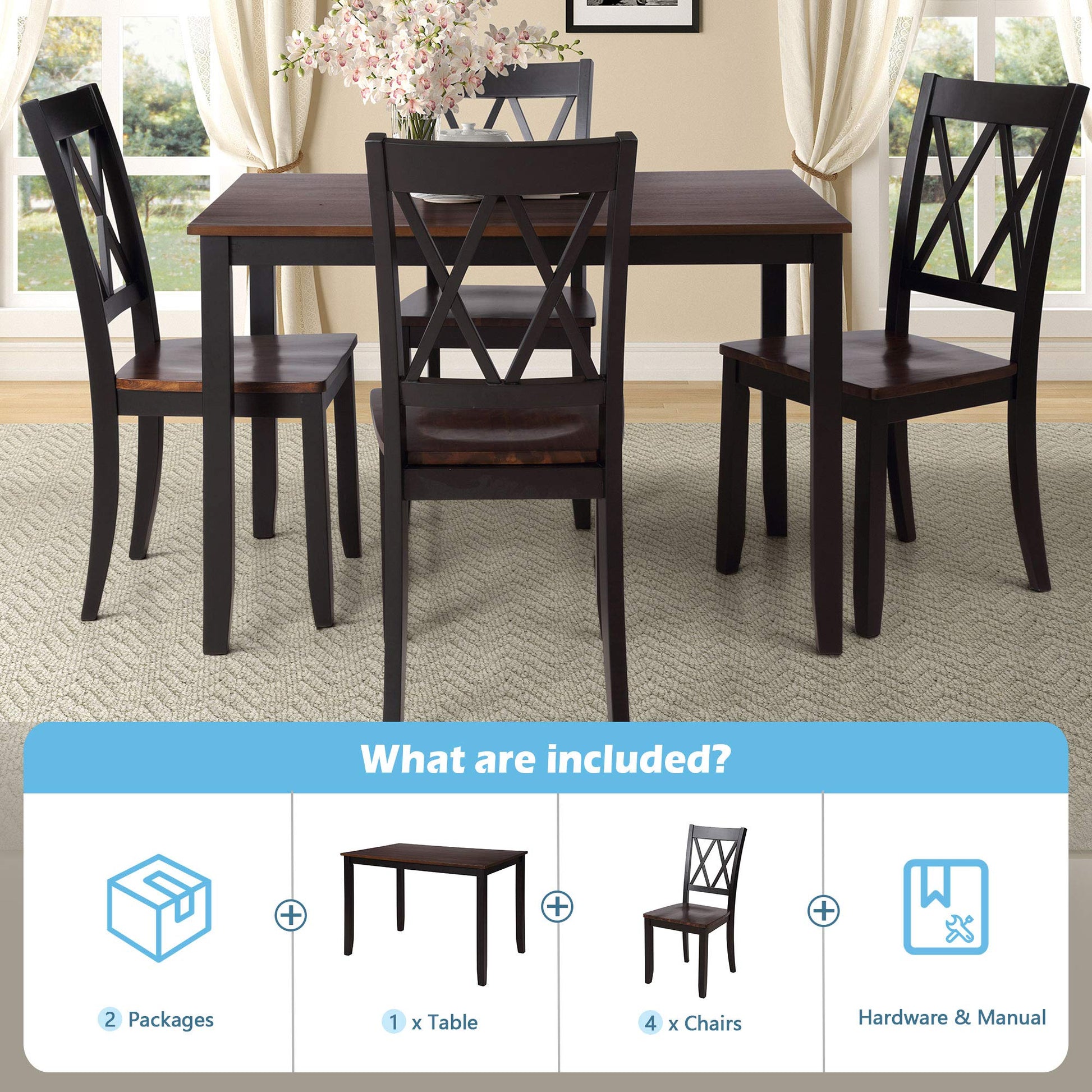 Luxo Abode Farmhouse Style 5 Piece Dining Comfortable Table Set with 4 Chairs, Long-Lasting Solid Wood Home Kitchen Set, Easy Assembly and Clean, for Dining Room, Kitchen, Black - WoodArtSupply