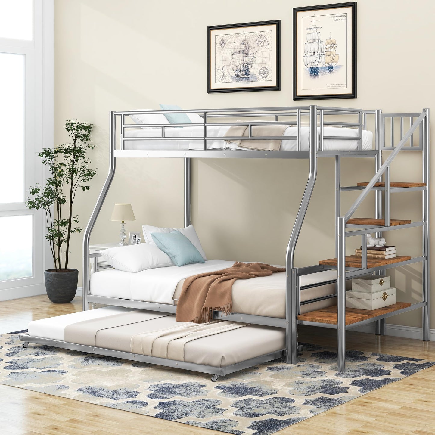 Ziraukon Twin Over Full Bunk Bed with Trundle and Stairs, Twin Over Full Size Metal Bed Frame with Storage and Safe Guardrails, Noise Reduced, No Box Spring Needed, Silver