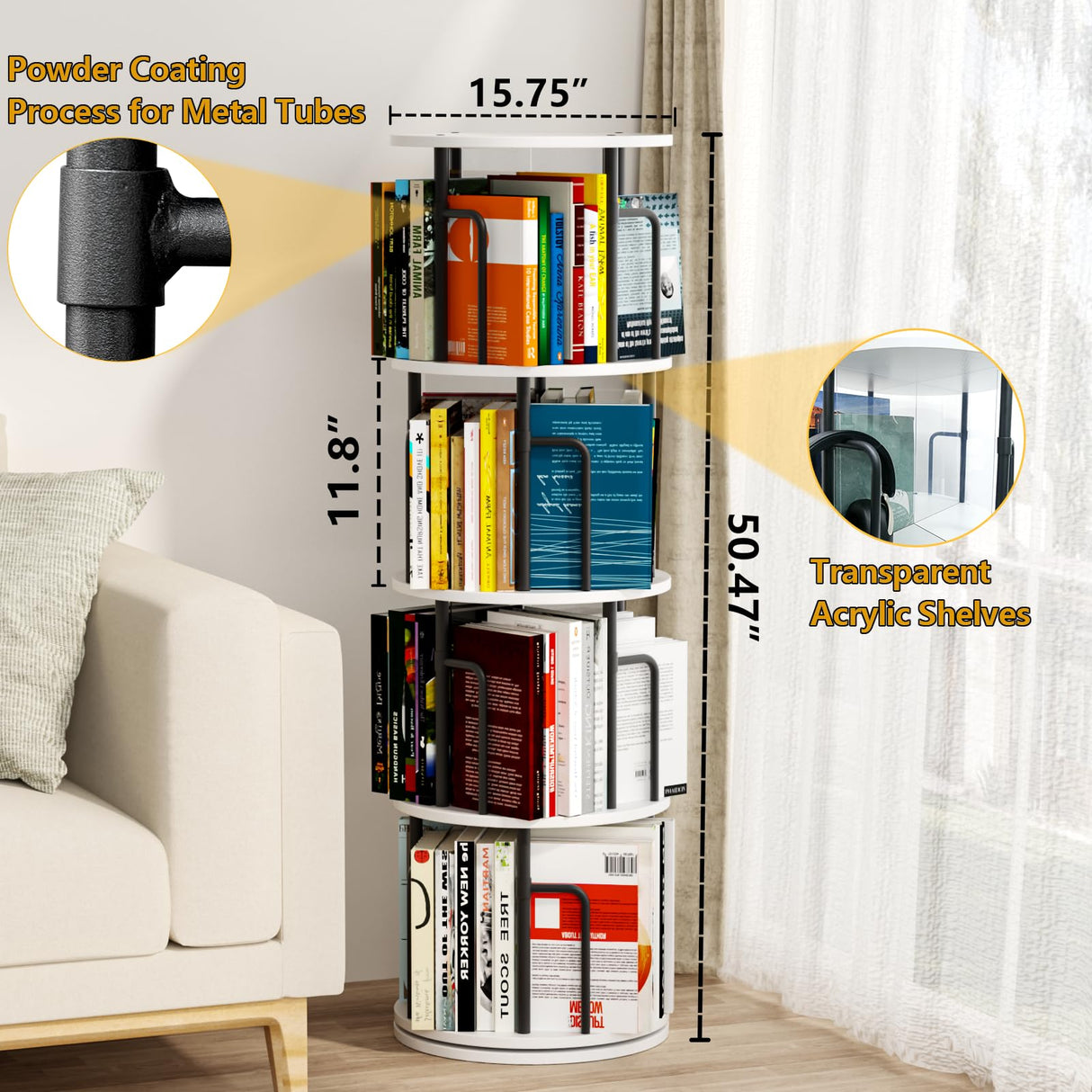 YYTDDUUU Rotating Bookshelf,4 Tier Revolving Bookshelf Tower Spinning Bookcase,Round Rotating Book Shelf,Corner Bookcase Corner Organizer for Home&Office YYTDDUUU