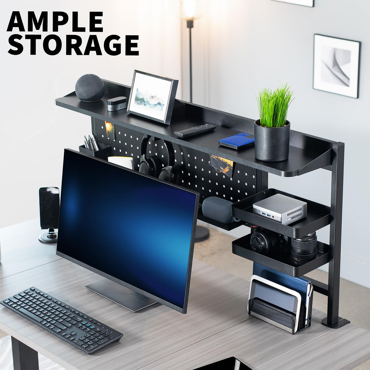 VIVO Steel Clamp-on 46 x 25 inch Desk Pegboard System with Storage Shelf and Accessory Trays, Multi-Purpose Office Organizer, Black, PP-PBSF46 VIVO