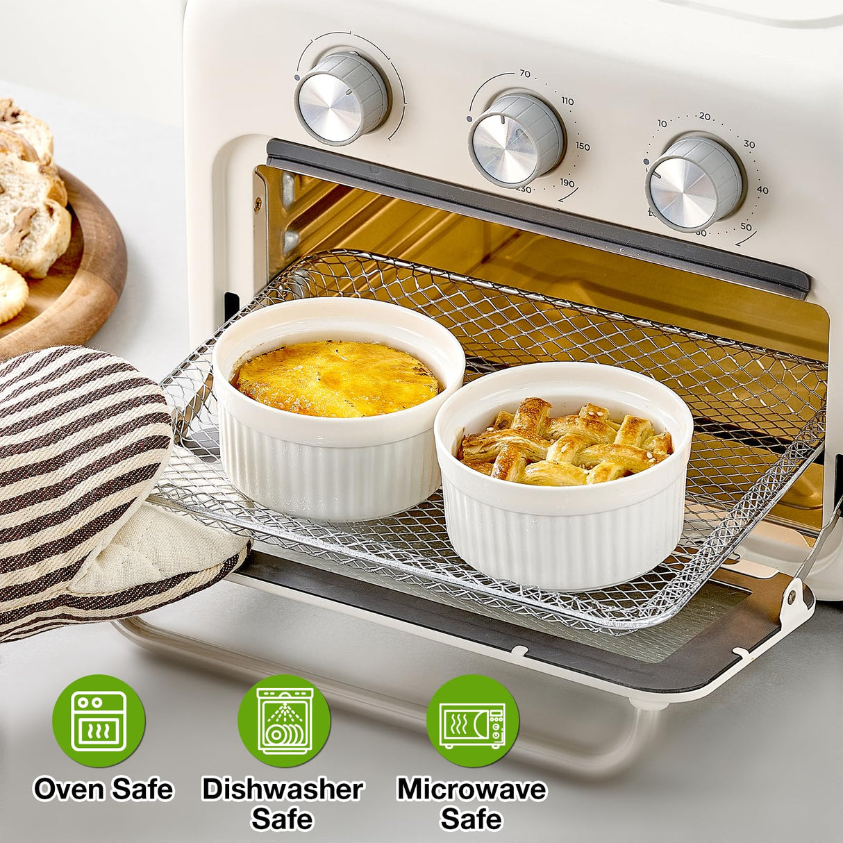 Mfacoy Ramekins with Lids Set of 6, 8 oz Porcelain Creme Brulee Souffle Ramekins with Covers, White Pudding Custard Cups Ramiken for Baking, Small Bowls for Sauces Dessert, Dishwasher and Oven Safe Mfacoy