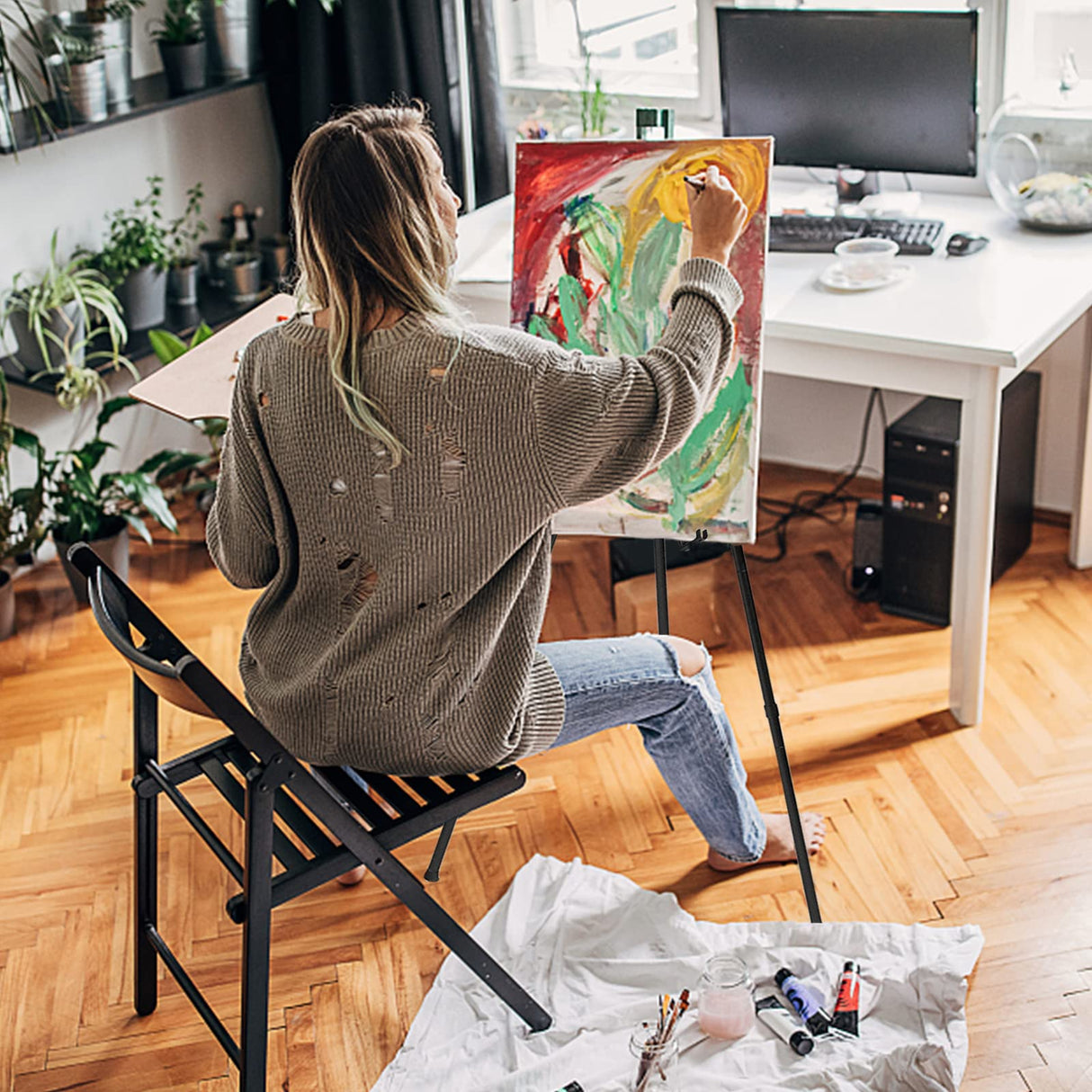 Thickened Easel Stand for Wedding Sign & Poster 63'' Portable Easels for Display Black Art Easel for Floor Adjustable Metal Easel Stand,Quick Set-Up Tripod Stand, Presentations,Signs,Posters (Black) Xlong