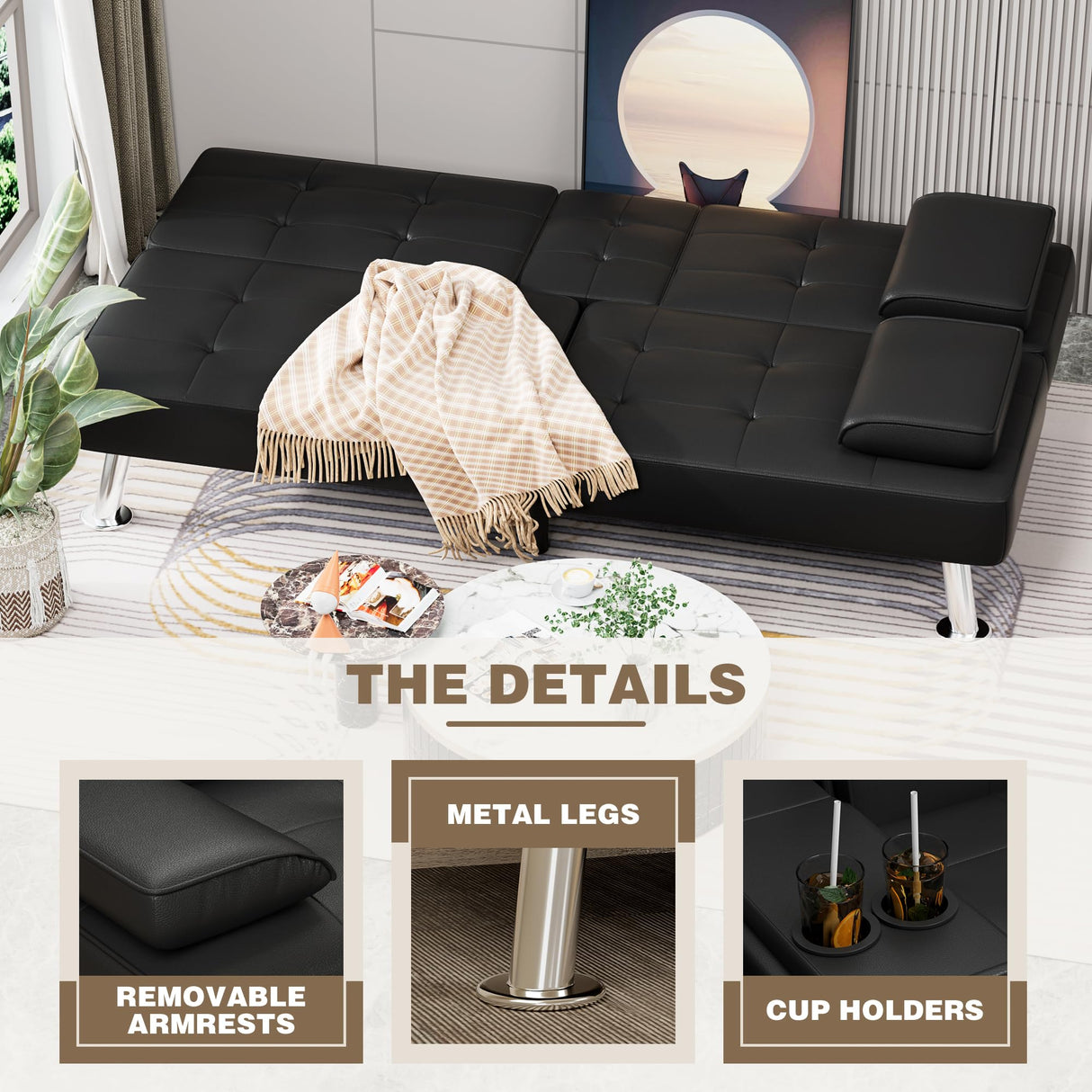 Homall Futon Sofa Bed, Leather Futon Couch with Removable Armrests, Adjustable Recliner Sleeper Sofa Bed with Dual Cup Holders for Living Room, Apartment, Office (Black) Homall