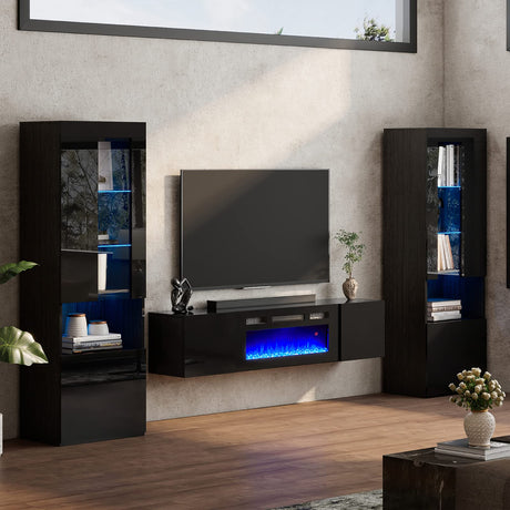 AMERLIFE High Gloss Living Room Entertainment Center with LED Lights, Including Floating Fireplace TV Stand with 36" Electric Fireplace & 2 Bookcases with Glass Doors, Black AMERLIFE