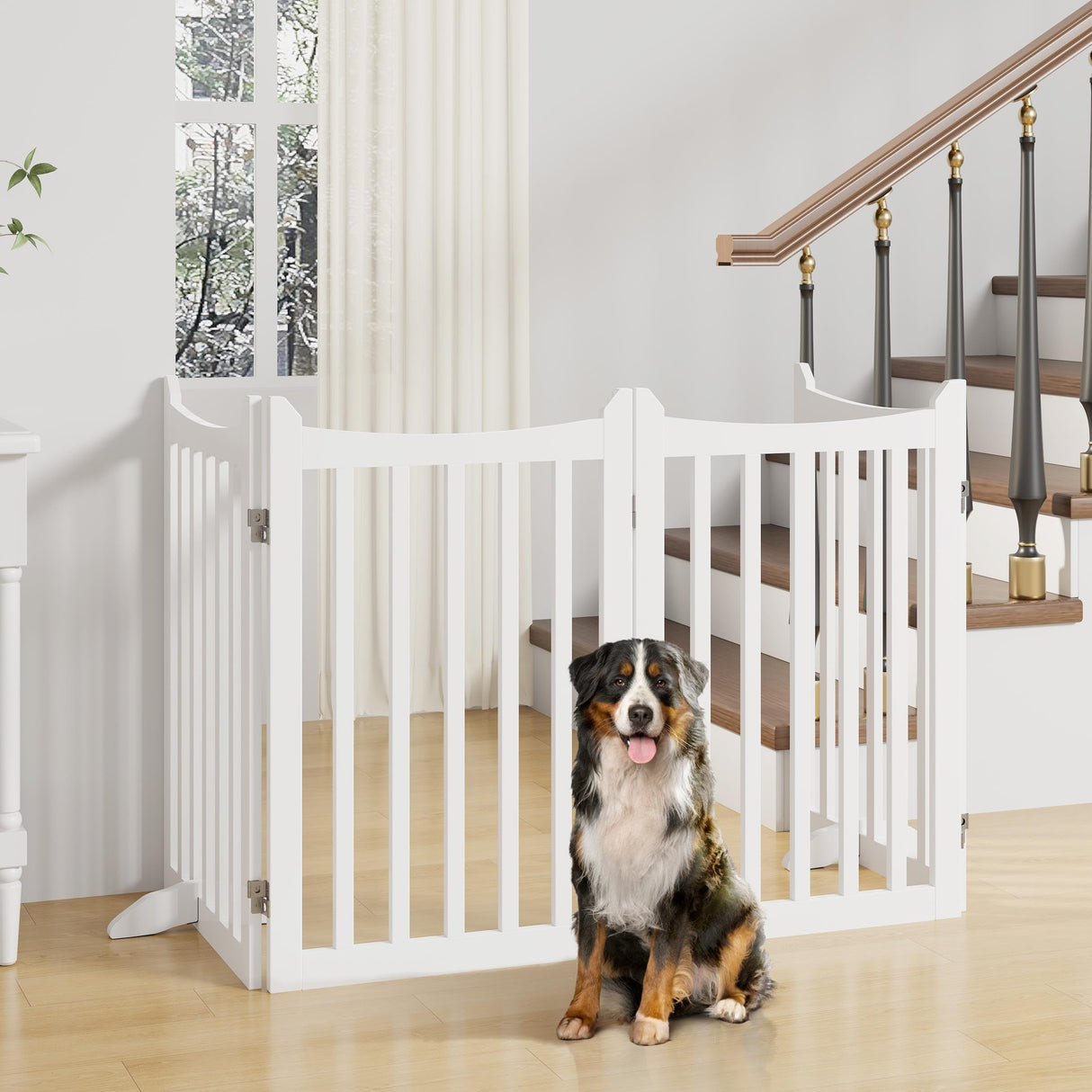 Yaheetech 36" H Extra Tall Freestanding Pet Gate 4-Panel Wooden Dog Fence with 2 Support Feet Folding Dog Gate for Indoor, Stairs, Doorways, Halls, Kitchen Wooden Pet Barrier White, 79.5" L x 36" H Yaheetech