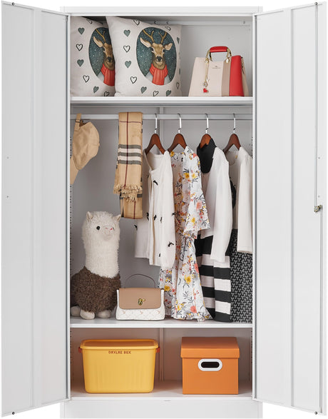 Metal Wardrobe Cabinet with Hanging Rod & Lock,White Armoire Wardrobe Closet,Metal Clothing Storage Cabinet with Adjustable Shelves and Doors,72" Armoire Storage Cabinets for Home,Living/Laundry Room SISESOL