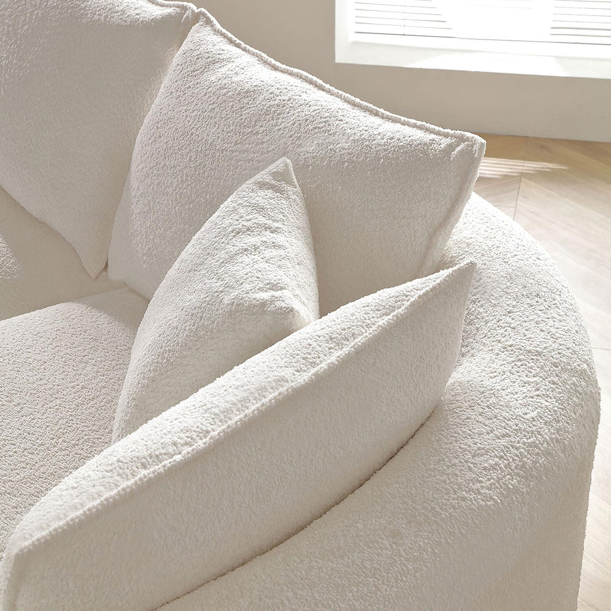 WILLIAMSPACE 124.8" Modern Curved Sofa Couch, Upholstery Boucle Sofa Couch with Pillows, Right Hand Facing Sectional Boucle Fabric Couch for Living Room (Right-Facing,Light Cream) WILLIAMSPACE