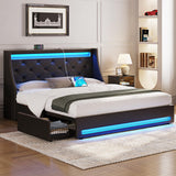 Rolanstar Queen Bed Frame with LED Lights and Charging Station, PU Leather Bed with Drawers, Wooden Slats, Noise Free, Easy Assembly, Black Rolanstar