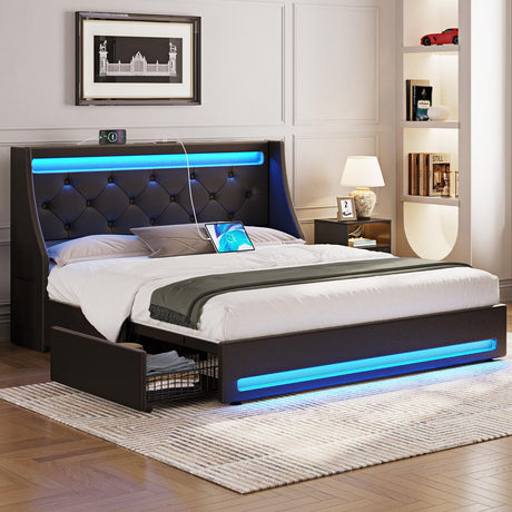 Rolanstar Queen Bed Frame with LED Lights and Charging Station, PU Leather Bed with Drawers, Wooden Slats, Noise Free, Easy Assembly, Black Rolanstar