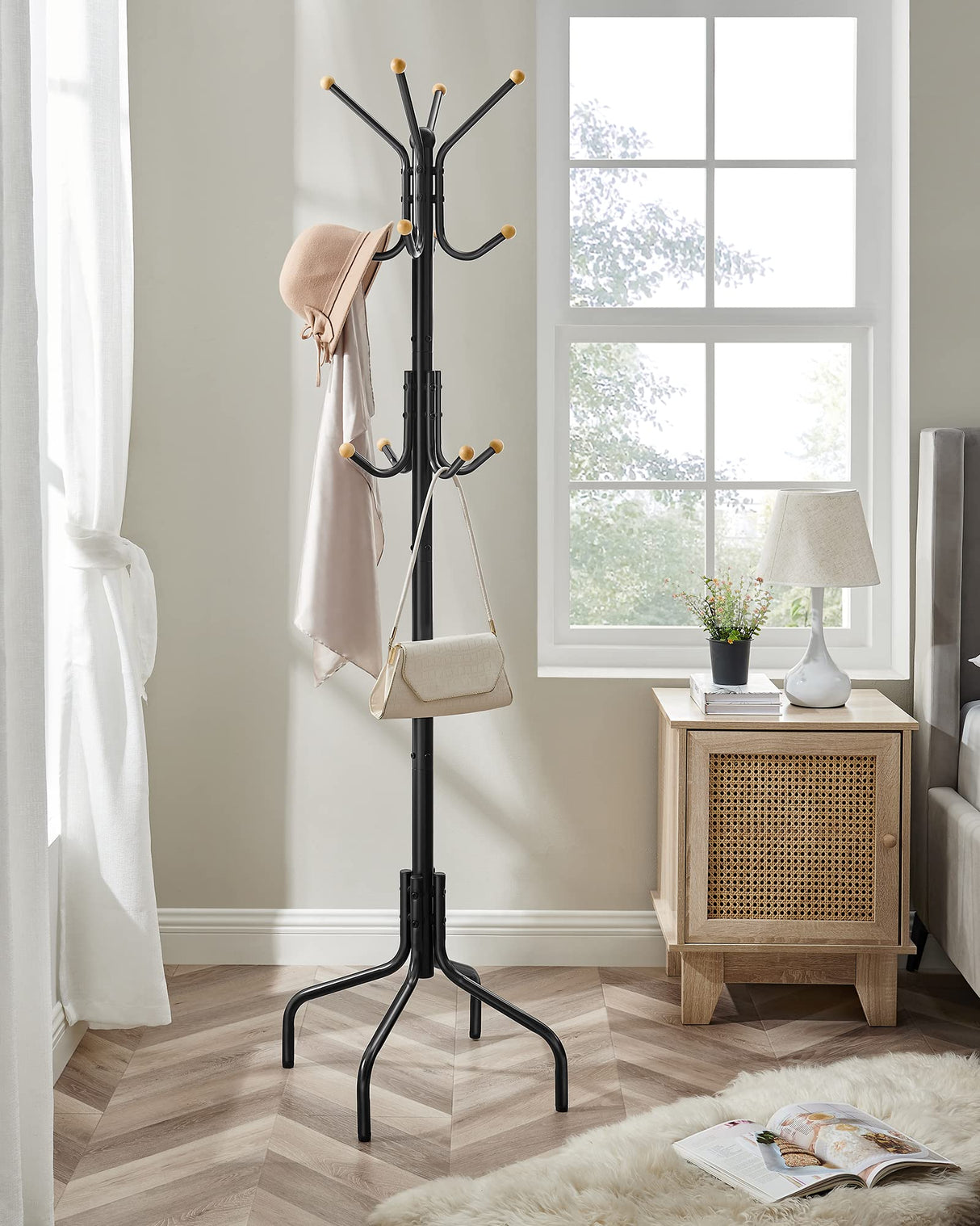 SONGMICS Coat Rack Freestanding, Metal Coat Rack Stand with 12 Hooks and 4 Legs, Coat Tree, Holds Clothes, Hats, and Bags, for Entryway, Living Room, Bedroom, Classic Black URCR031B01 SONGMICS