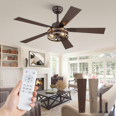 Farmhouse Ceiling Fans with Light, 48 Inch Bedroom Ceiling Fan with Lights, 6-Speed Adjustable, Quiet and Reversible DC Motor, 5 Dual Finish Blades, Rustic Caged Ceiling Fan，Oil Bronze