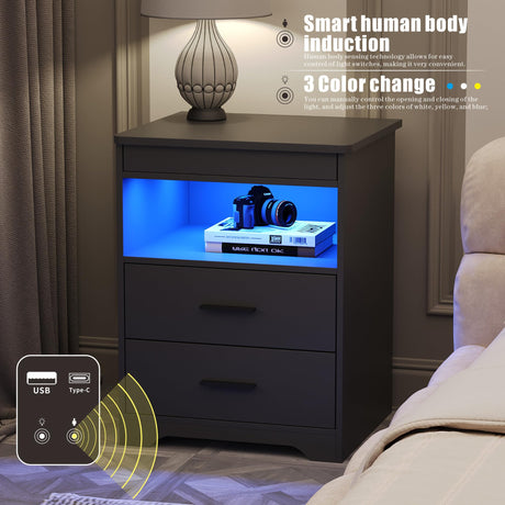 Nightstand with Gun Drawer Charging Bedside Table with USB & Type-C Port LED Night Stand with Human Sensor Design Modern End Table with Drawers for Bedroom Living Room Office, Grey FREDEES