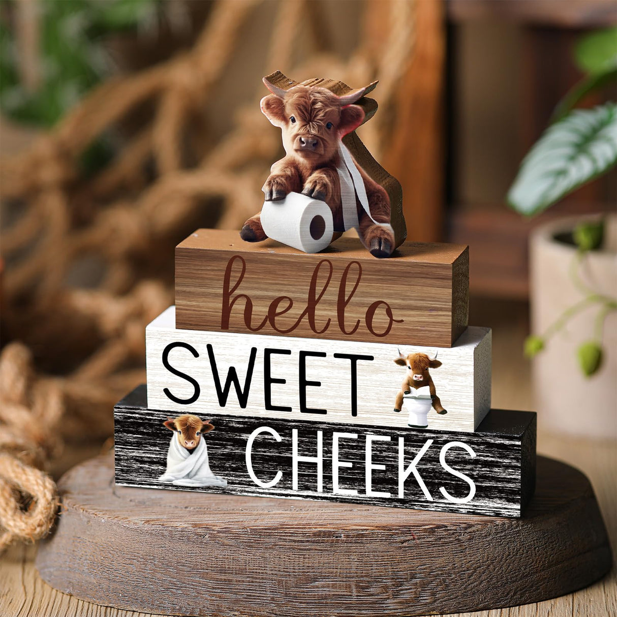 Cinnvoice 4 Pcs Christmas Highland Cow Bathroom Decor Farmhouse Bathroom Decoration Western Hello Sweet Cheeks Table Centerpiece Cinnvoice
