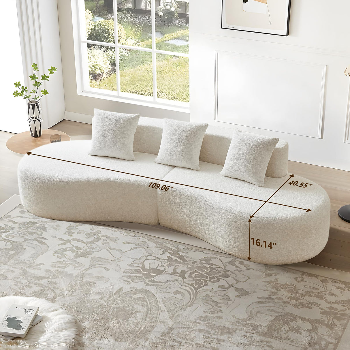 BAMOOLI 109'' Curved Couch, Mid Century Modern Half Moon Sofa, Luxury 3-Seat Couch with High-Density Foam Filled, Raindrop Velvet Fabric Sectional Sofa for Living Room, Apartment, Office, White BAMOOLI