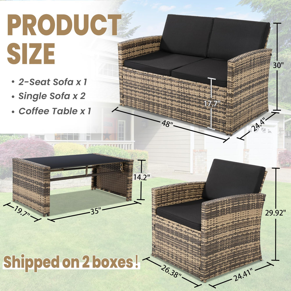 KROFEM 4 Pieces Patio Conversation Set, Outside Rattan Sectional Sofa, Cushioned Furniture Set, Wicker Sofa Ideal for Garden, Porch, Backyard, Natural Color Rattan and Black Cushion KROFEM