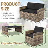 KROFEM 4 Pieces Patio Conversation Set, Outside Rattan Sectional Sofa, Cushioned Furniture Set, Wicker Sofa Ideal for Garden, Porch, Backyard, Natural Color Rattan and Black Cushion KROFEM