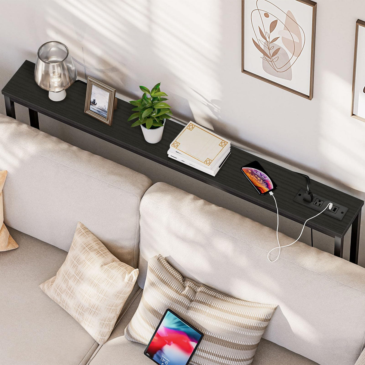 HOOBRO 47.2" Skinny Console Table with Power Outlets, 5.9" Behind Couch Table with Charging Station, Narrow Sofa Table, Long and Thin Table for Entryway, Living Room, Black BB15XG01G1 HOOBRO