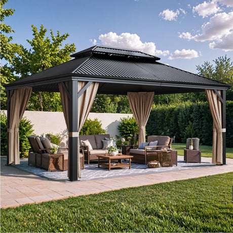 Devoko Outdoor Hardtop Gazebo Galvanized Steel Metal Gazebo Aluminum Frame Double Roof Outdoor Gazebo with Nettings and Curtains for Patios, Garden (12' x16' FT) Devoko