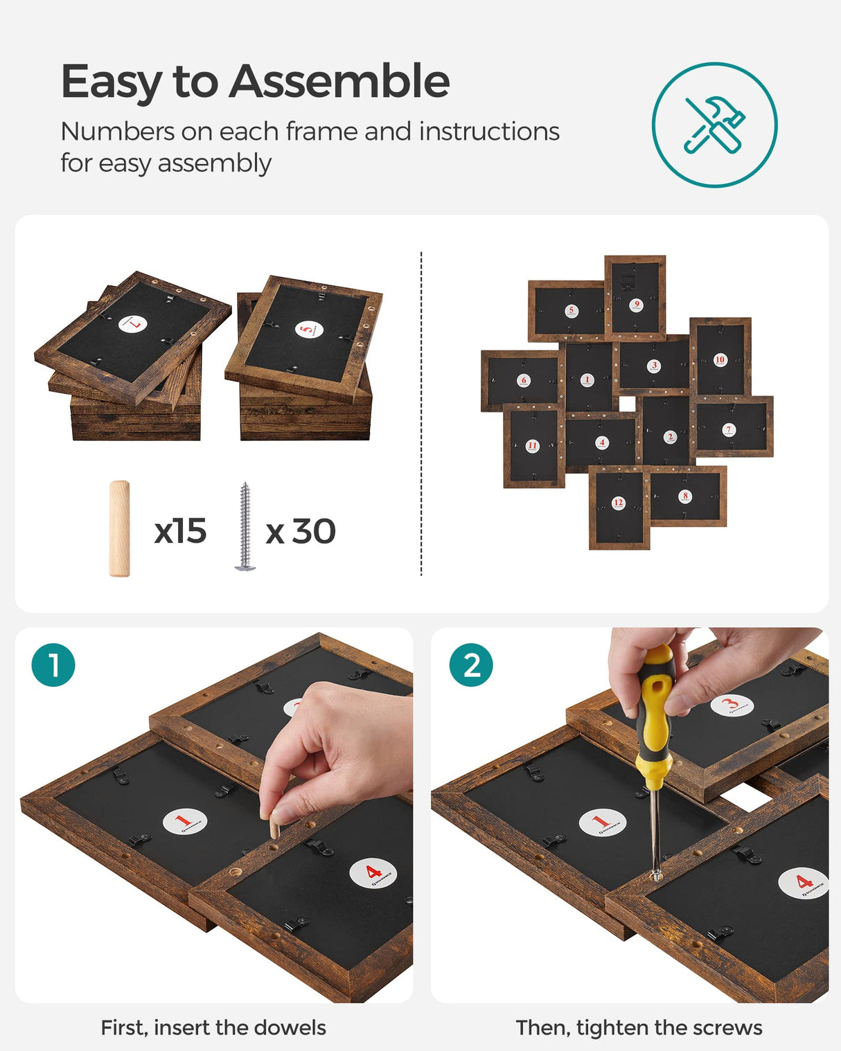 SONGMICS 4x6 Collage Picture Frames, 12-Pack Picture Frames Collage for Wall Decor, Rustic Brown Photo Collage Frame, Multi Picture Frame Set with Glass Front, Assembly Required SONGMICS