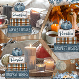 Britimes 4 Pcs Blue Pumpkins Fall Decor Wooden Tiered Tray Sign, Farmhouse Rustic Autumn Pumpkin Decorations Stack Block Set Harvest Wishes Table Centerpieces for Home Kitchen Shelf Britimes