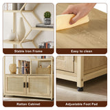 Rattan Bookshelf with 1 Natural Rattan Storage Cabinet and 7 Open Display Shelves, 7 Tier Bookshelf w/Adjustable Shleves & Foot Pad for Living Room, Bedroom, Office, Metal Shelves, Natural Voohek