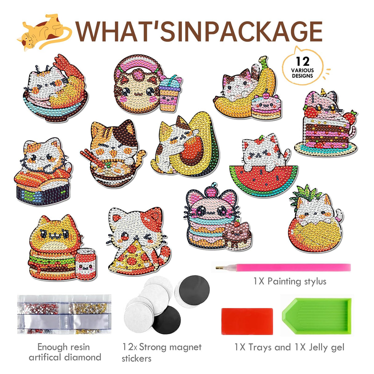 INCOK Cat Diamond Art Magnets Refrigerator - 12 PCS DIY Diamond Painting Kits Pineapple Hamburger Avocado Fridge Magnets Home Decors Art Crafts Birthday Gift for Adults Beginners Cat Lover INCOK