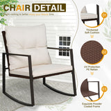 SUNCROWN 3-Piece Patio Bistro Set Outdoor Rocking Chairs Set Brown Wicker Porch Chairs with Glass Coffee Table, Beige Cushion SUNCROWN