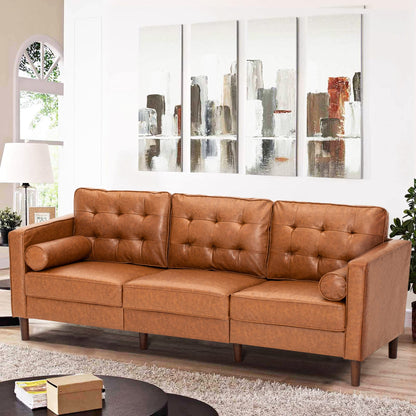 ACMEASE 84 Inches Modern Faux Leather 3-Seat Sofa w/2 Bolster Pillows & Tufted Backrest, Mid-Century Couch, Premium 3 Seaters Sofafor Living Room, Bedroom, Office, Brown