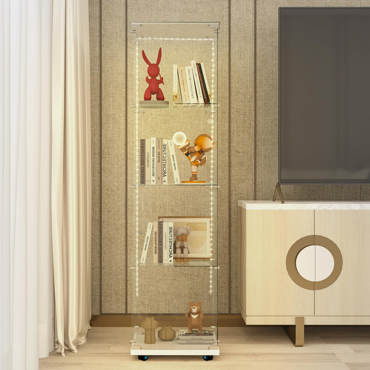 Yoluckea 4-Tier Glass Display Cabinet with Bluetooth LED Light Strip, 1-Door Floor Standing Curio Cabinet with Universal Wheel for Home Office Display, White Glass Bookshelf for Collections, Clear Top Yoluckea
