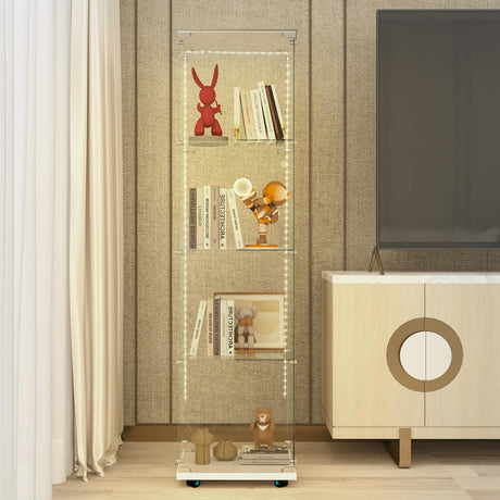 nifoti 65" H 4-Shelf LED Lights Strip Glass Display Cabinet with Lock & Casters, Modern Glass Top Curio Storage Cabinet Collection Display Case, Tempered Glass Bookshelf Case for Living Room(White) nifoti